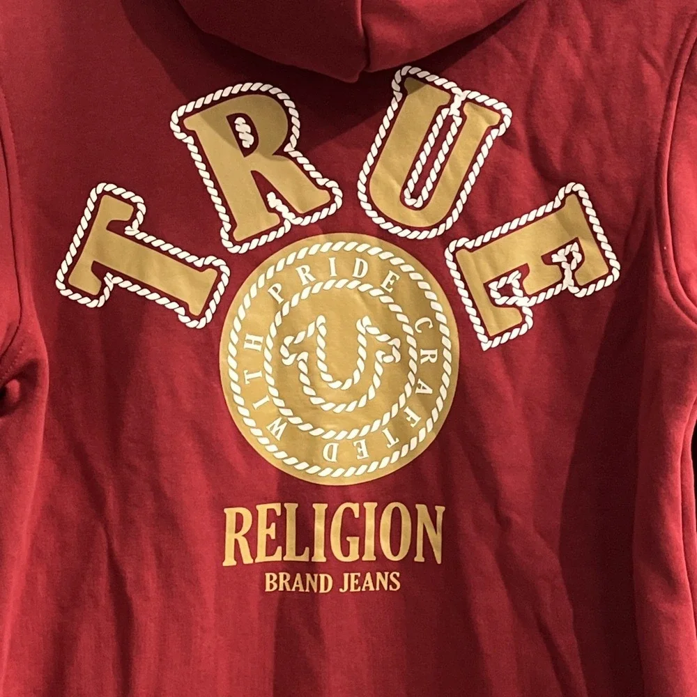 True Religion Hoodie Mens S Red‎ Dahlia College Prep Full Zip Sweatshirt Casual